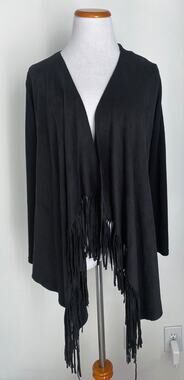 NWT! C. Oliver Black Long Sleeve Open Wrap with Fringe Hem, Faux Suede, Small
